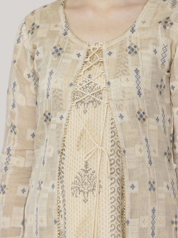 Cream Colour Pure Chanderi Weaving Long Jacket Kurti With Banarasi Block Printed Inner
