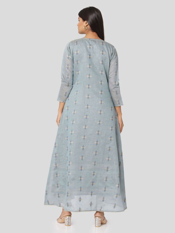 Light Blue Colour Pure Chanderi Weaving Long Jacket Kurti With Banarasi Block Printed Inner