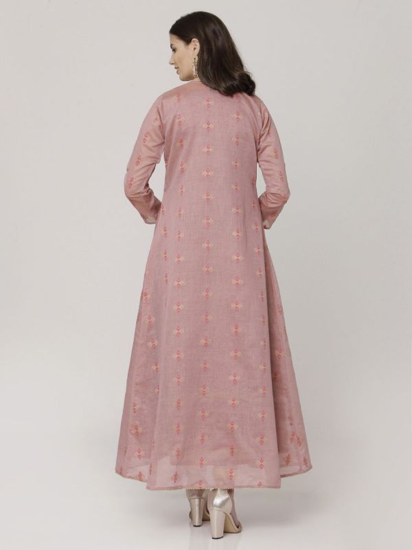 Light Pink Colour Pure Chanderi Weaving Long Jacket Kurti With Banarasi Block Printed Inner