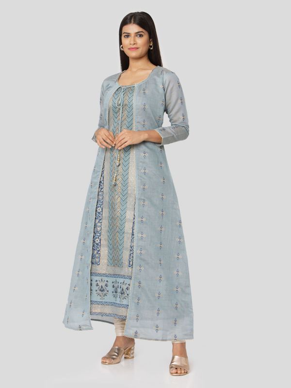 Light Blue Colour Pure Chanderi Weaving Long Jacket Kurti With Banarasi Block Printed Inner