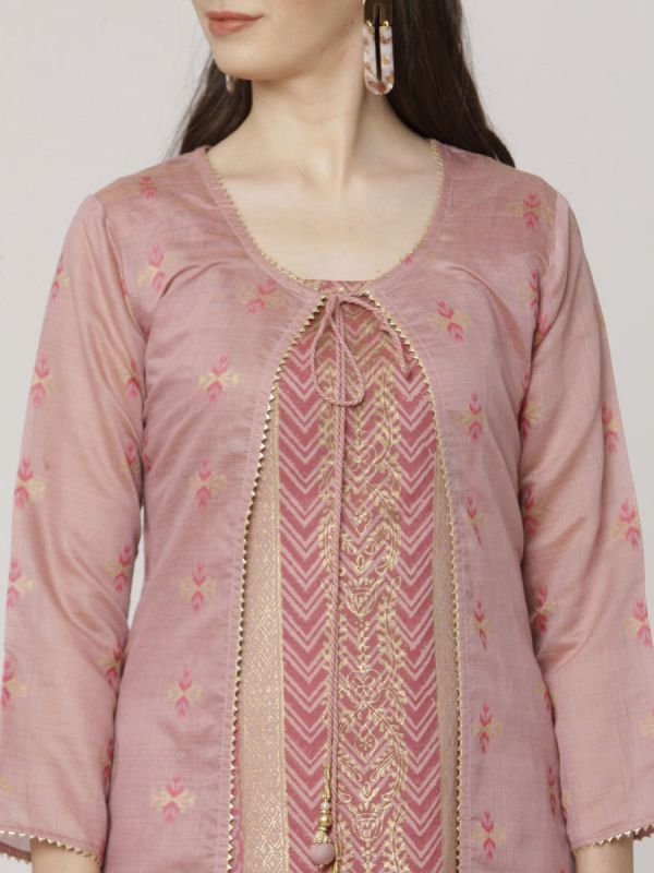 Light Pink Colour Pure Chanderi Weaving Long Jacket Kurti With Banarasi Block Printed Inner