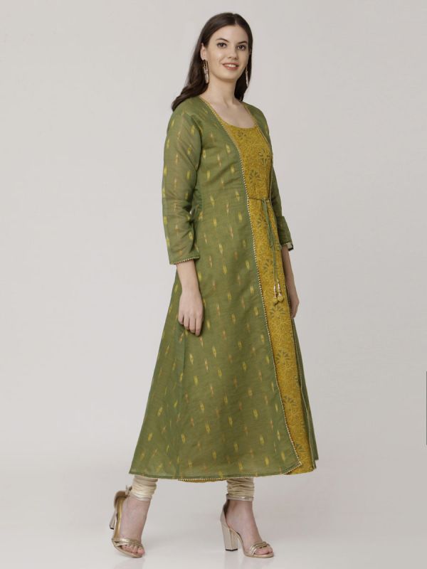 Green Colour Pure Chanderi Weaving Long Jacket Kurti With Banarasi Block Printed Inner