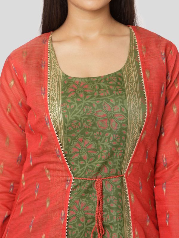 Tamato Red Colour Pure Chanderi Weaving Long Jacket Kurti With Banarasi Block Printed Inner