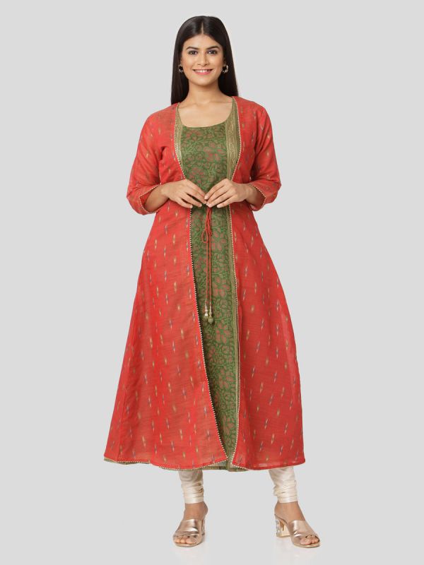 Tamato Red Colour Pure Chanderi Weaving Long Jacket Kurti With Banarasi Block Printed Inner