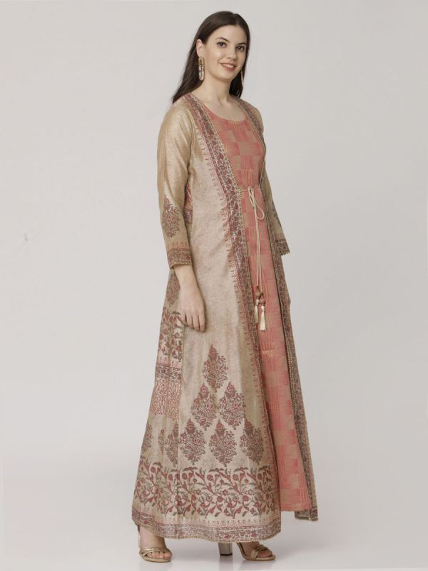 Light Brown Colour Pure Chanderi Block Print Long Jacket Kurti With Banarasi Weaving Inner