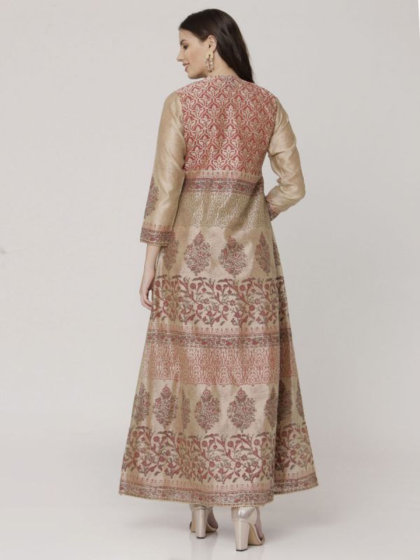 Light Brown Colour Pure Chanderi Block Print Long Jacket Kurti With Banarasi Weaving Inner