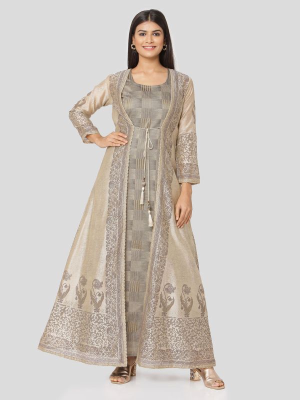 Beige Colour Pure Chanderi Block Print Long Jacket Kurti With Banarasi Weaving Inner