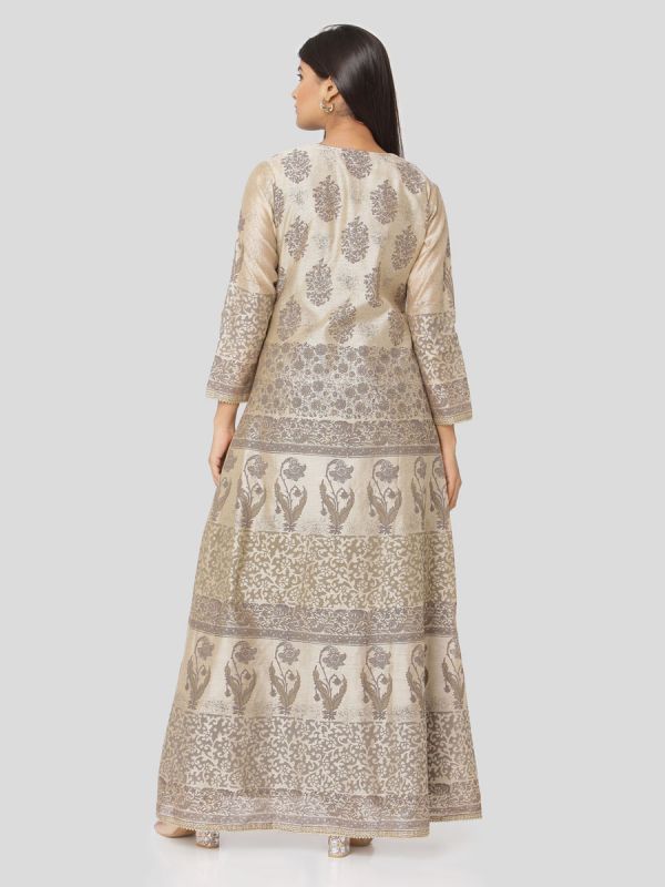 Beige Colour Pure Chanderi Block Print Long Jacket Kurti With Banarasi Weaving Inner
