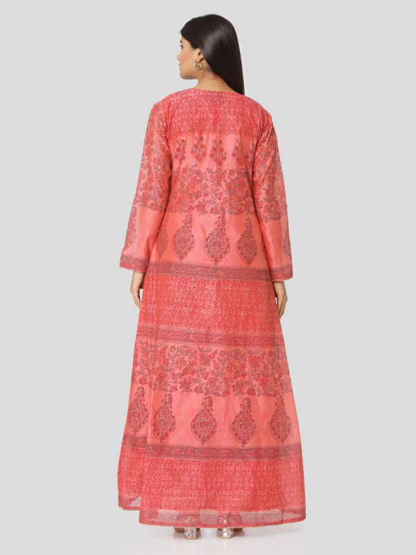Peach Colour Pure Chanderi Block Print Long Jacket Kurti With Banarasi Weaving Inner