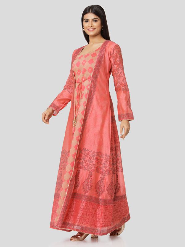 Peach Colour Pure Chanderi Block Print Long Jacket Kurti With Banarasi Weaving Inner