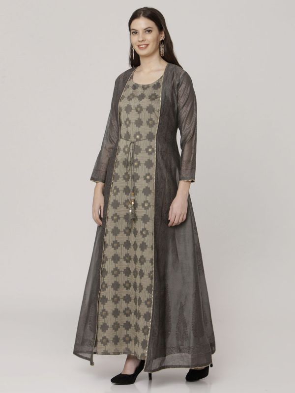 Dark Grey Colour Pure Chanderi Block Print Long Jacket Kurti With Banarasi Weaving Inner