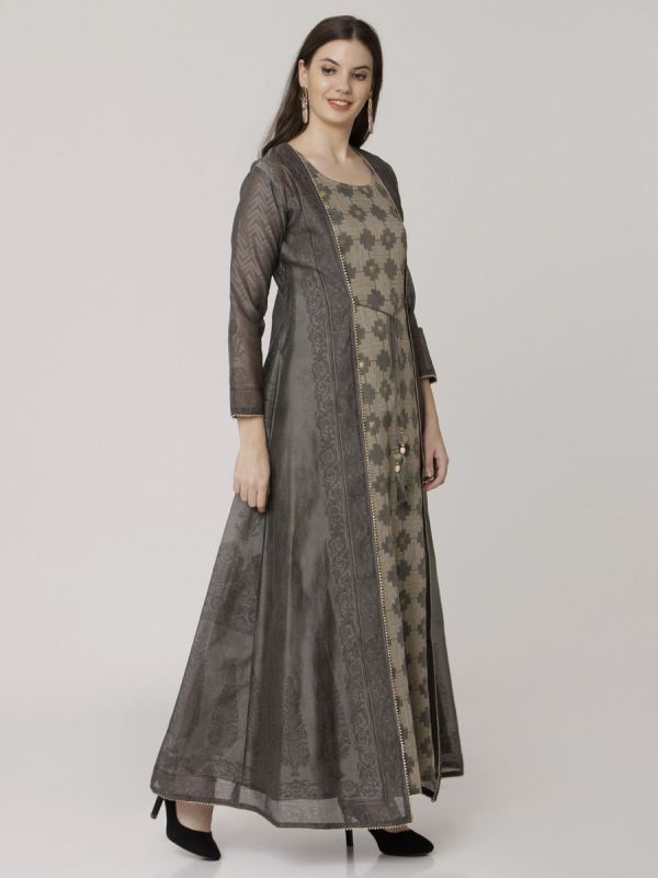 Dark Grey Colour Pure Chanderi Block Print Long Jacket Kurti With Banarasi Weaving Inner