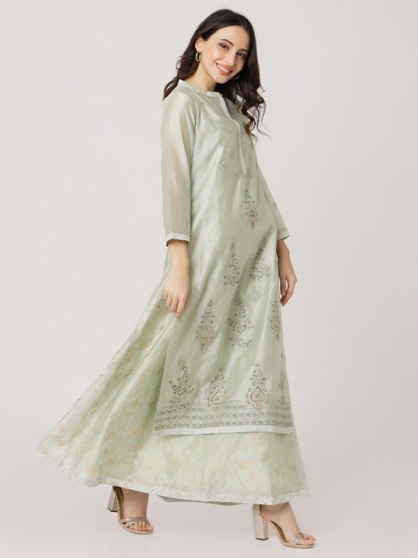 Mint Green Colour Pure Chanderi Long Kurti With Hand Embroidery & Screen Print Inner