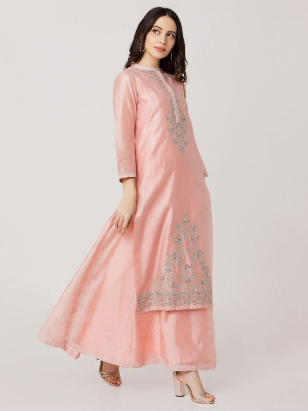 Baby Pink Colour Pure Chanderi Long Kurti With Hand Embroidery & Screen Print Inner