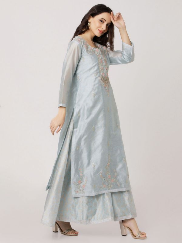 Alice Blue Pure Chanderi Long Kurti With Hand Embroidery & Screen Print Inner