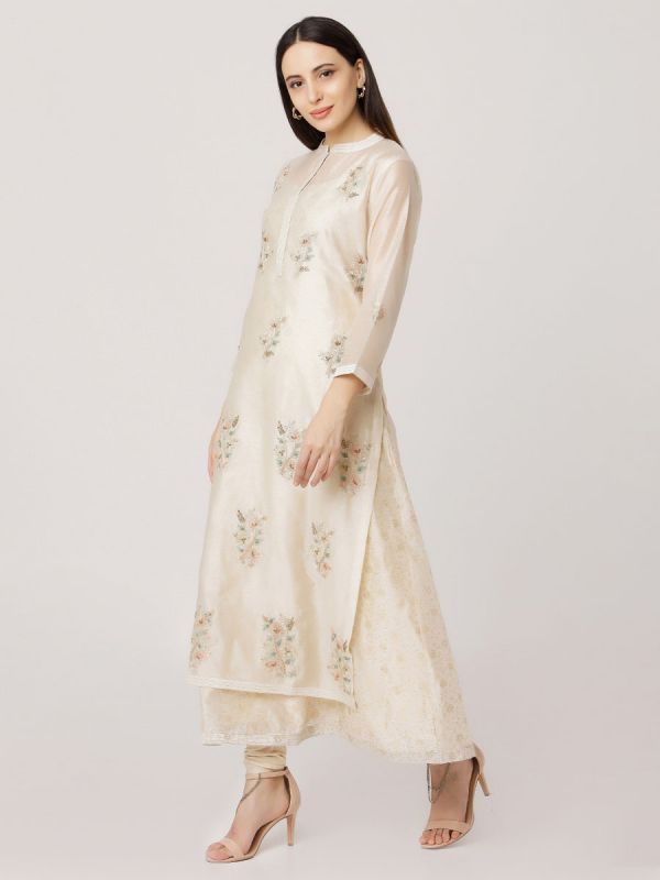 Ivory Colour Pure Chanderi Long Kurti With Hand Embroidery & Screen Print Inner