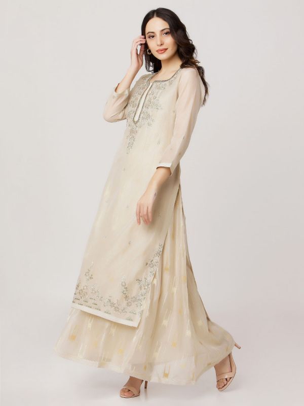 Cream Colour Pure Chanderi Long Kurti With Hand Embroidery & Screen Print Inner