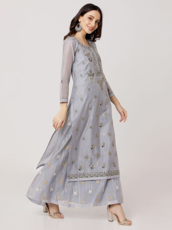 Light Cool Grey Colour Pure Chanderi Long Kurti With Hand Embroidery & Banarasi Weaving Inner