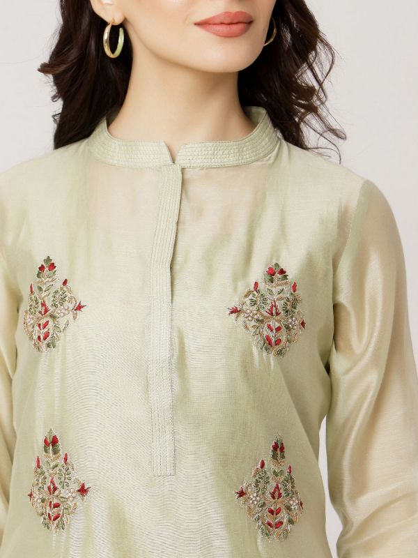 Pista Green Colour Pure Chanderi Long Kurti With Hand Embroidery & Screen Print Inner