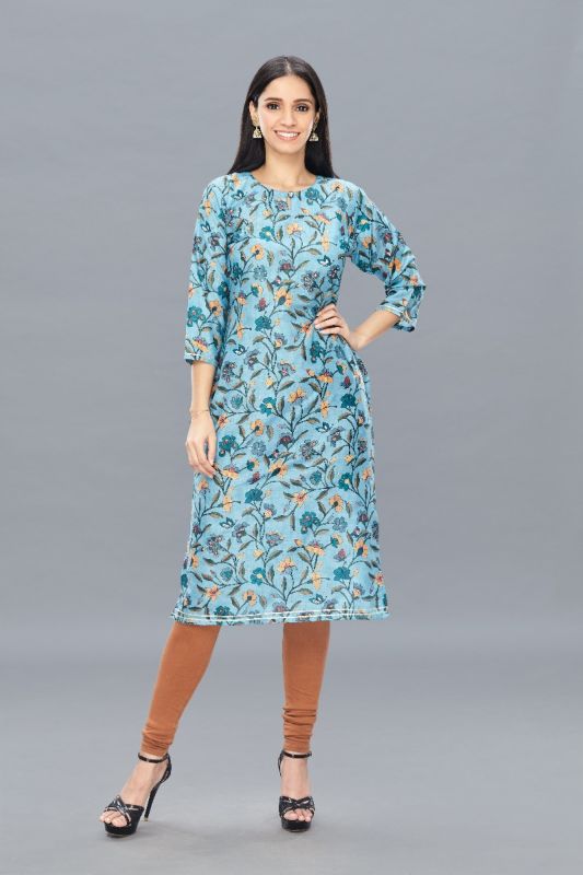 Blue With Floral and Butterfly Print Muslin Kurti