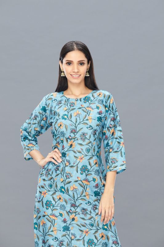 Blue With Floral and Butterfly Print Muslin Kurti