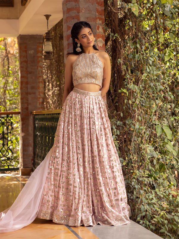 Baby Pink Chinon And Georgette Fabric With Sequin And Cut Dana Work Lehenga Choli