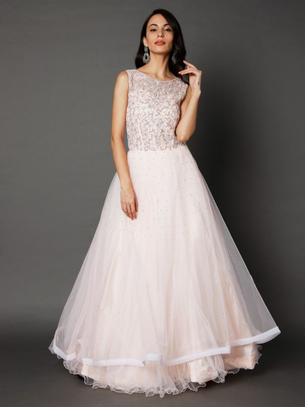 Baby Pink Moti Sequin And Stone Work Net Gown
