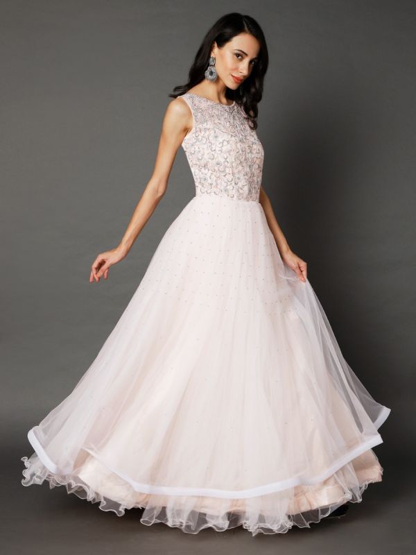 Baby Pink Moti Sequin And Stone Work Net Gown