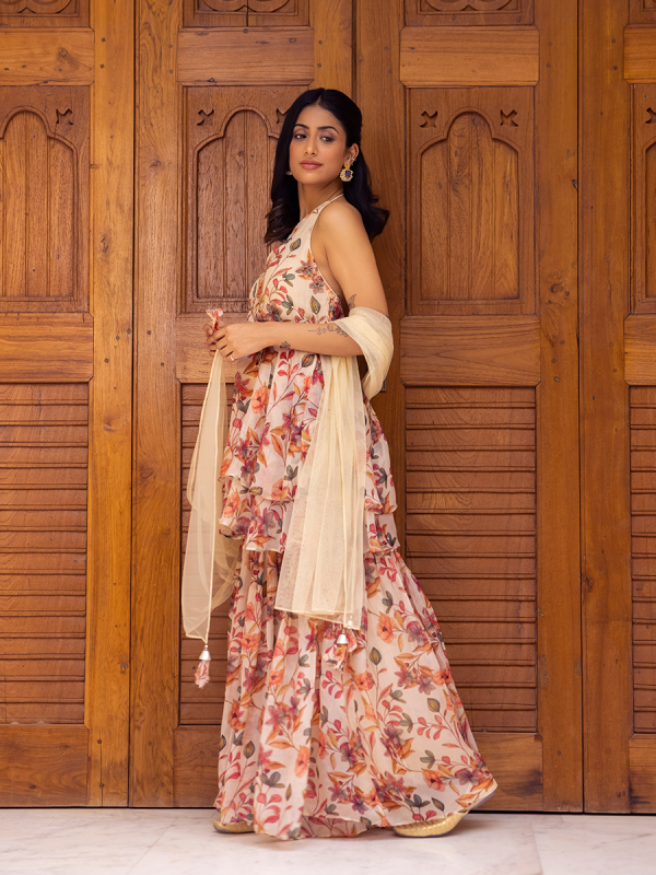Beige Organza Fabric In Floral Print Backless Sharara Set