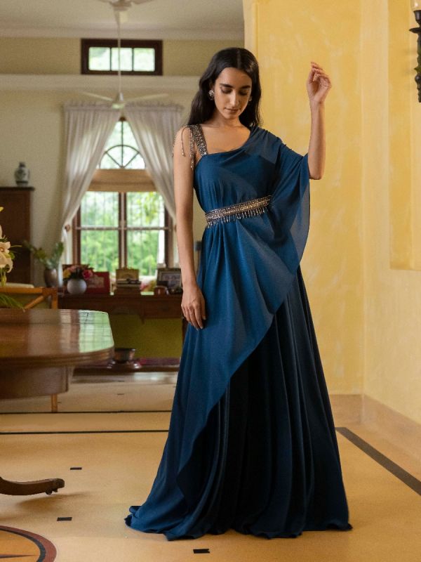Navy Blue Asymmeterical Gown With Embellished Belt