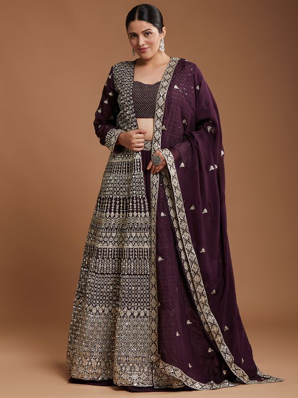 Wine Fully Hand Embroidery Georgette Fabric Designer Readymade Lehenga Set Along With Long Jacket 