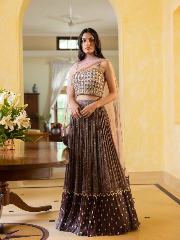 Dry Lavender Sequenced Lehenga With Mirror Embroidered Blouse