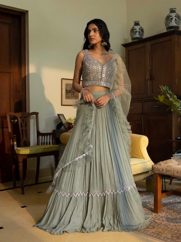 Slate Grey Pleated Lehenga With Applique Mirror Emboidered Blouse