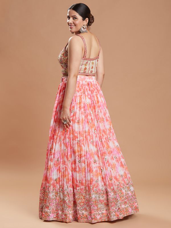 Neon Candy Peach Floral Print Georgette Fabric Hand Embroidery Designer Readymade Lehenga Set 