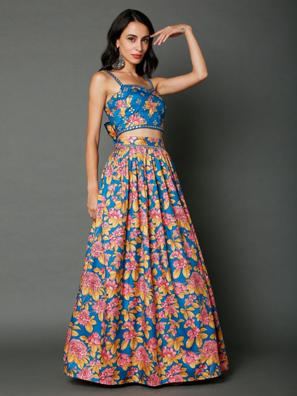 Blue Floral Printed Organza And Silk Fabric Skirt Top With Dupatta