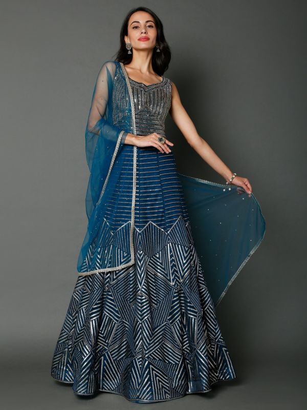 Blue Georgette Fabric In Sequins Work Skirt Top With Dupatta