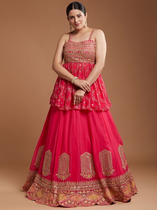 Rani Pink Georgette Fabric Gharara Pattern With Gota Patti Fusion Work Readymade Lehenga Set With Dupatta