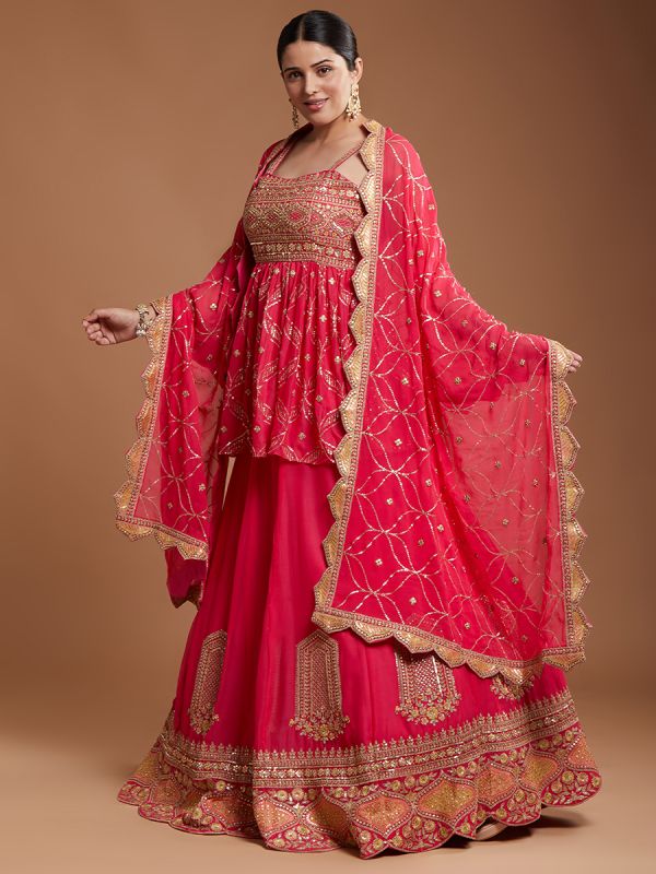 Rani Pink Georgette Fabric Gharara Pattern With Gota Patti Fusion Work Readymade Lehenga Set With Dupatta