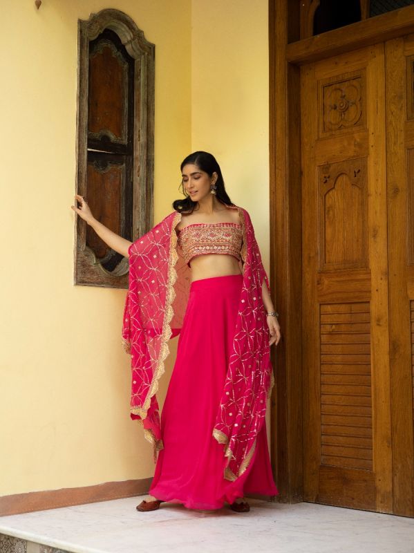 Rani Pink Embroidered Bustier With Sharara And Cepe