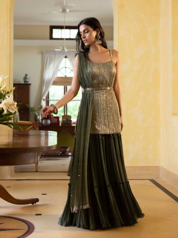 Pickle Green Sharara Set With Sequins With Monotone Dupatta 
