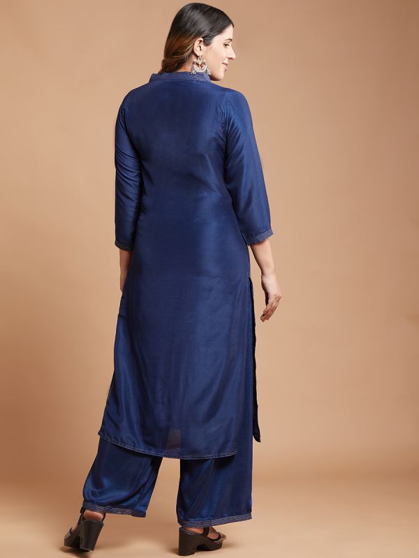 Navy Blue Muslin Silk Fabric With Heavy Banarasi Silk Dupatta Salwar Suit 