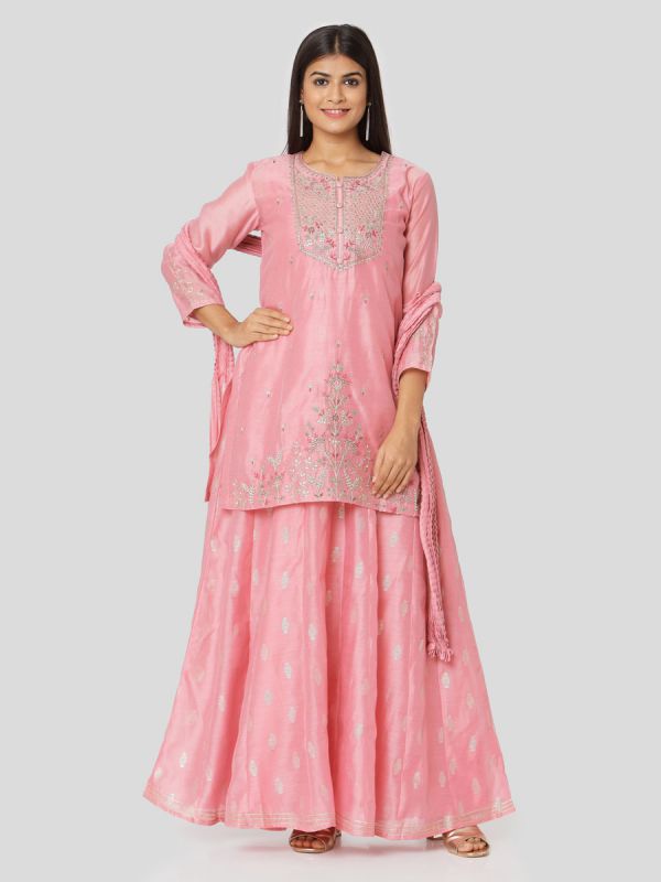 Rose Pink Colour Pure Chanderi Long Kurti With Hand Embroidery & Screen Print Inner With Dupatta