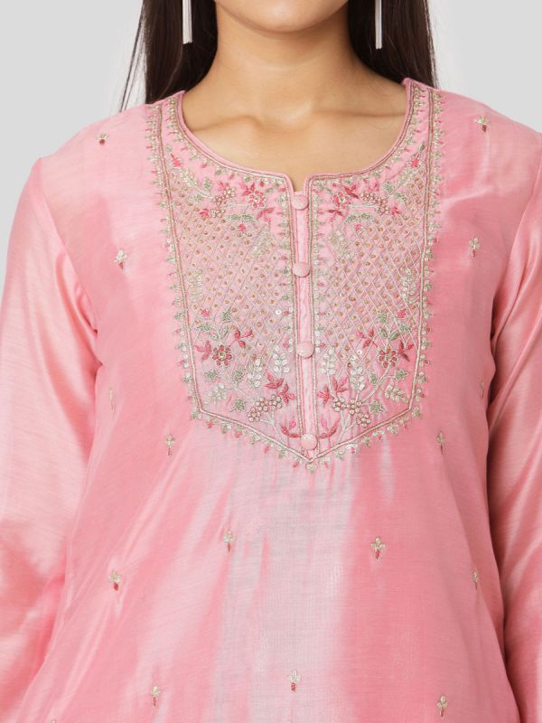 Rose Pink Colour Pure Chanderi Long Kurti With Hand Embroidery & Screen Print Inner With Dupatta