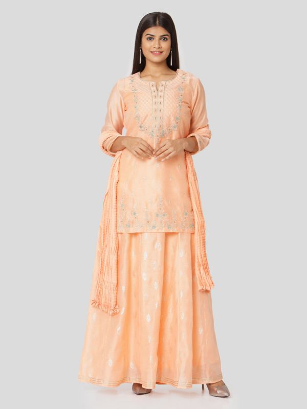 Apricot Orange Colour Pure Chanderi Long Kurti With Hand Embroidery & Screen Print Inner With Dupatta