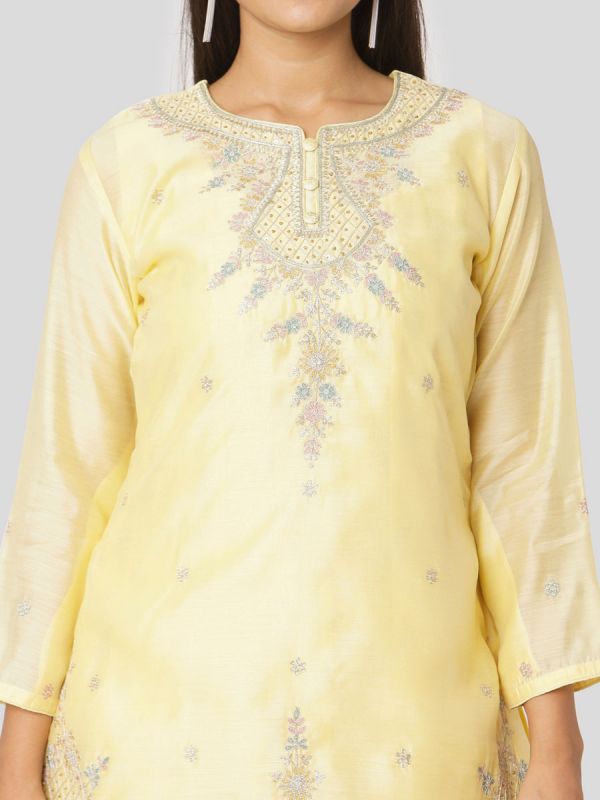 Marzipan Yellow Colour Pure Chanderi Long Kurti With Hand Embroidery & Screen Print Inner With Dupatta