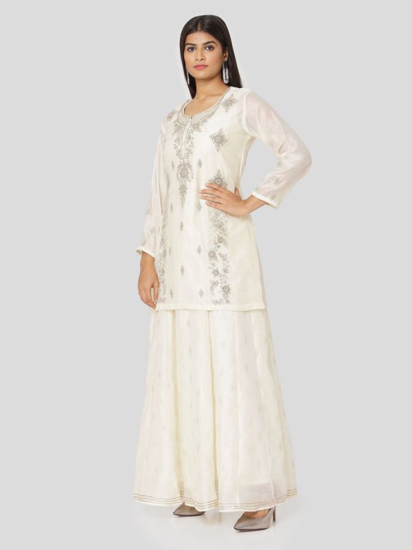 Milky White Colour Pure Chanderi Long Kurti With Hand Embroidery & Screen Print Inner With Dupatta