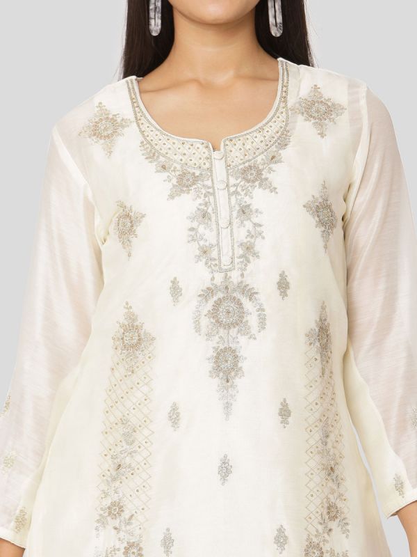 Milky White Colour Pure Chanderi Long Kurti With Hand Embroidery & Screen Print Inner With Dupatta