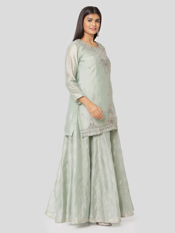 Mint Green Colour Pure Chanderi Long Kurti With Hand Embroidery & Screen Print Inner With Dupatta