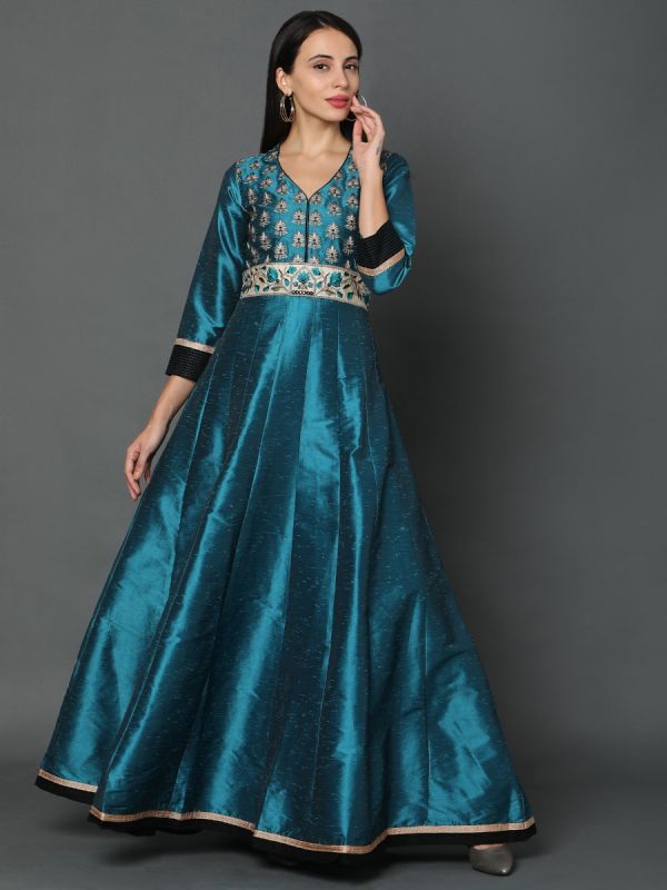 Peacock Blue Dupion Fabric Salwar Suit With Zari Border Dupatta 