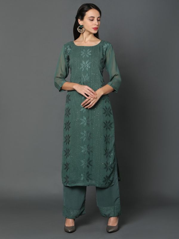Crocodile Green Wiscourse Fabric Salwar Suit With Dupatta